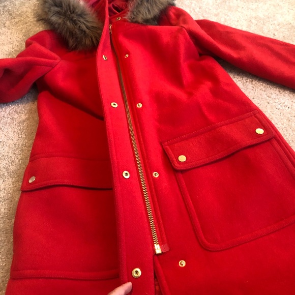 J. Crew Red Chateau Parka With Faux Fur Hood Womens Size 0 Winter Coat Jacket - Picture 5 of 13
